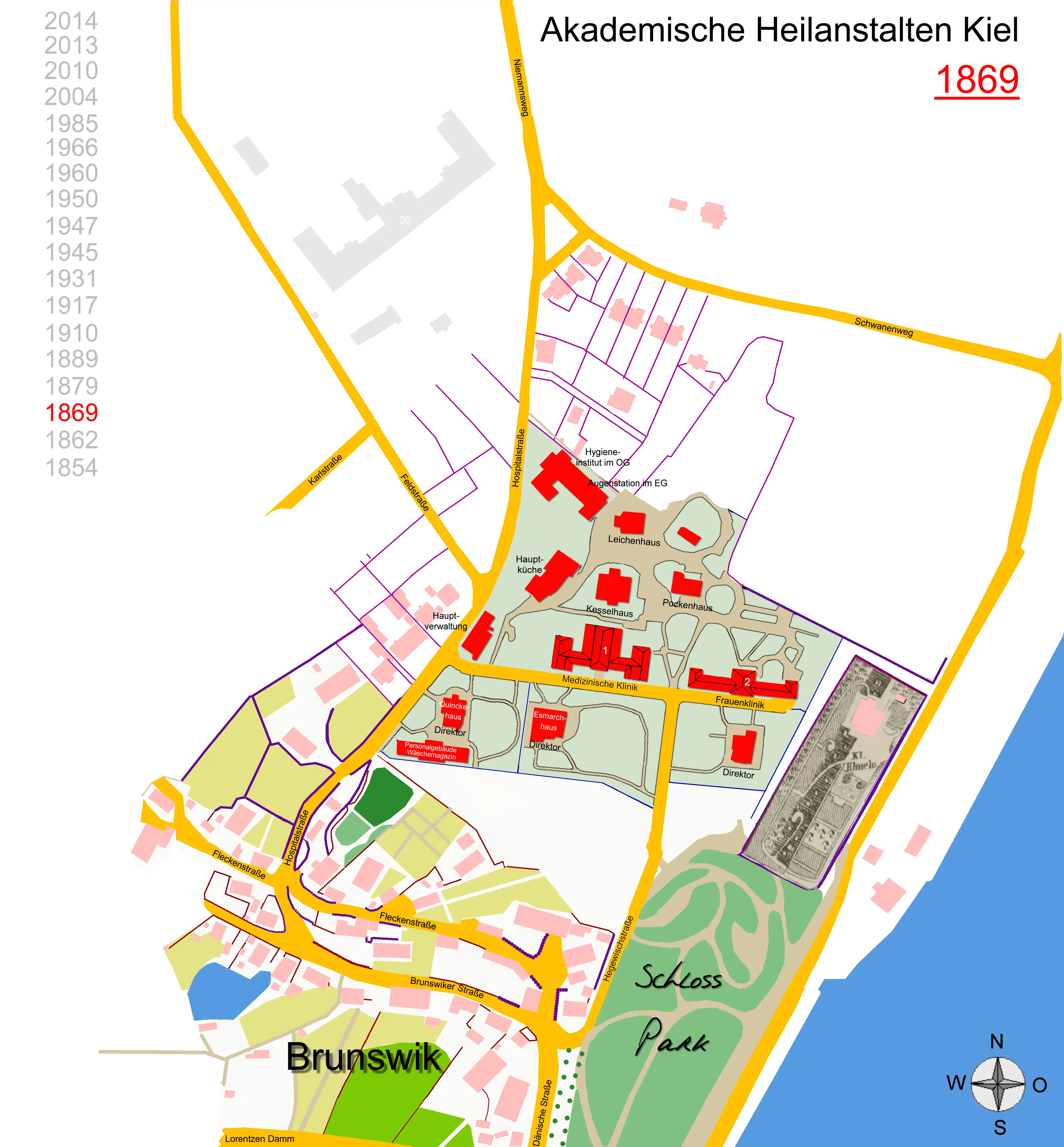 Lageplan Akad. Heilanstalten Kiel 1869
