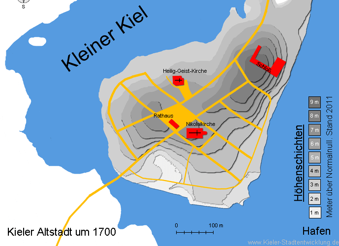 Kieler Altstadt um 1700 mit Hhenlinien