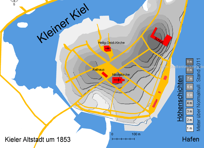 Kieler Altstadt um 1853 mit Höhenlinien