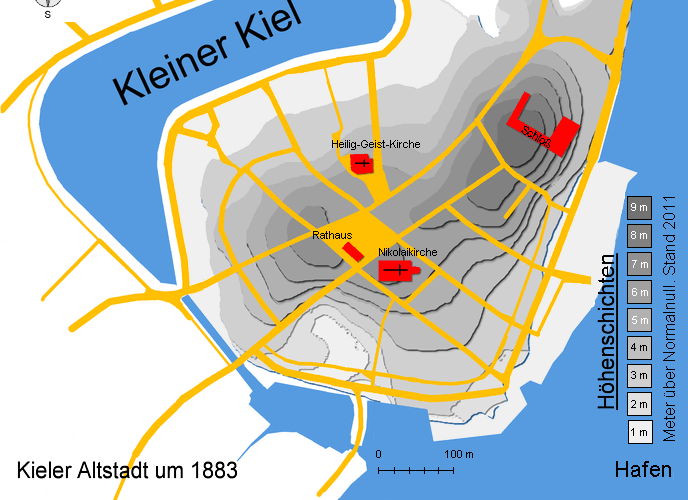 Kieler Altstadt um 1883 mit Höhenlinien