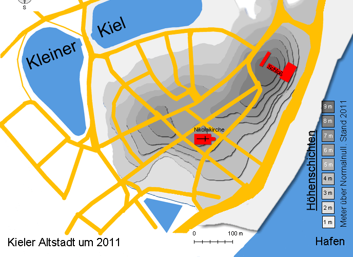 Kieler Altstadt um 2011 mit Höhenlinien