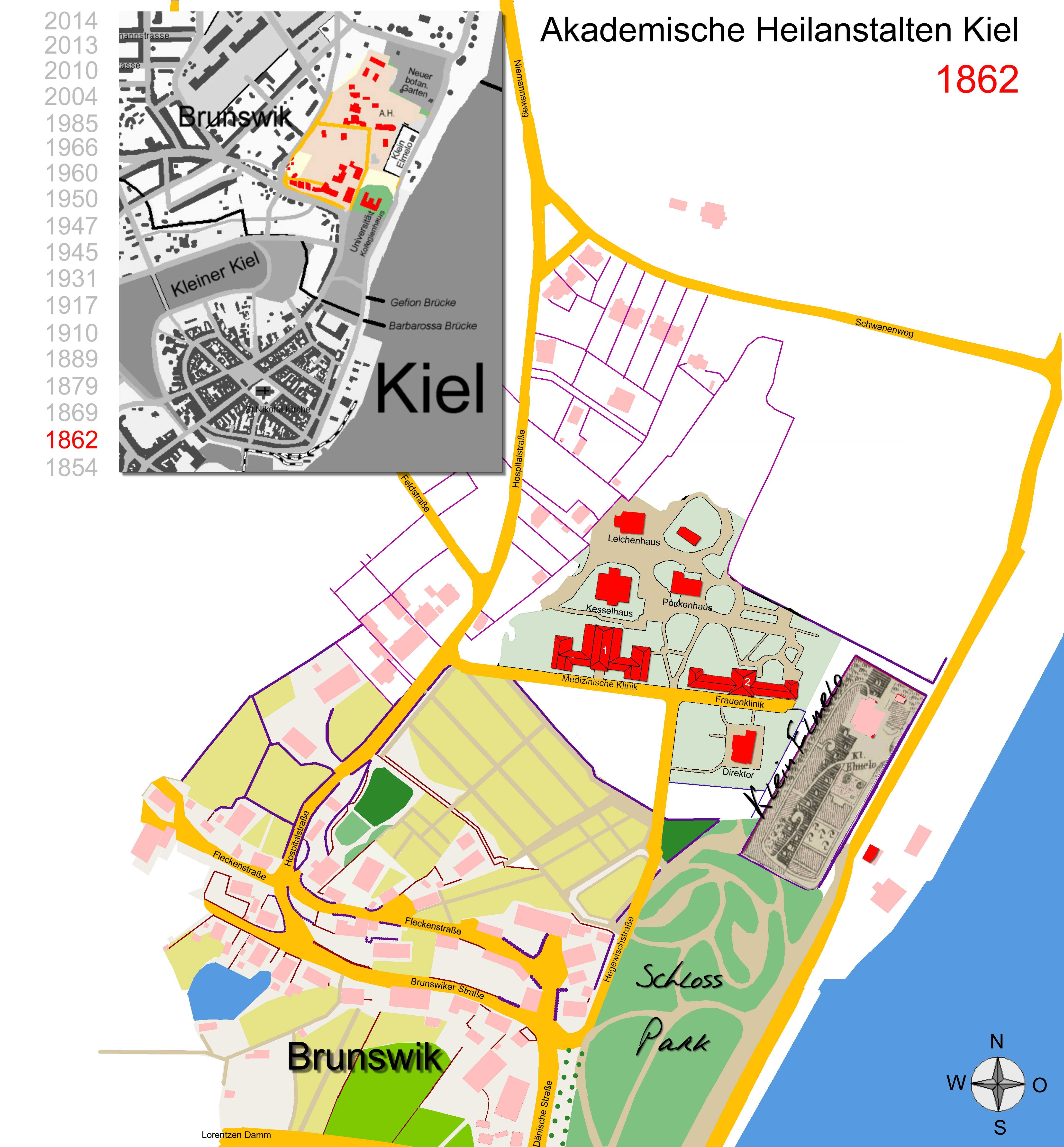 Lageplan akademische Heilanstalten Kiel 1862