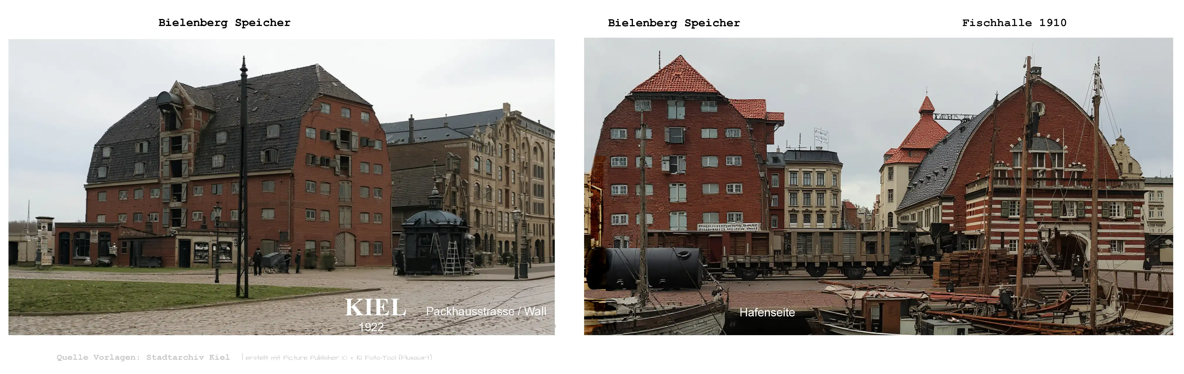 Ansicht Bielenberg-Speicher am Wall und Hafen in Kiel um 1930